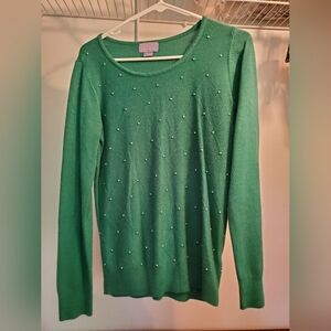 Laura Scott Pearl Embellished Green Sweater